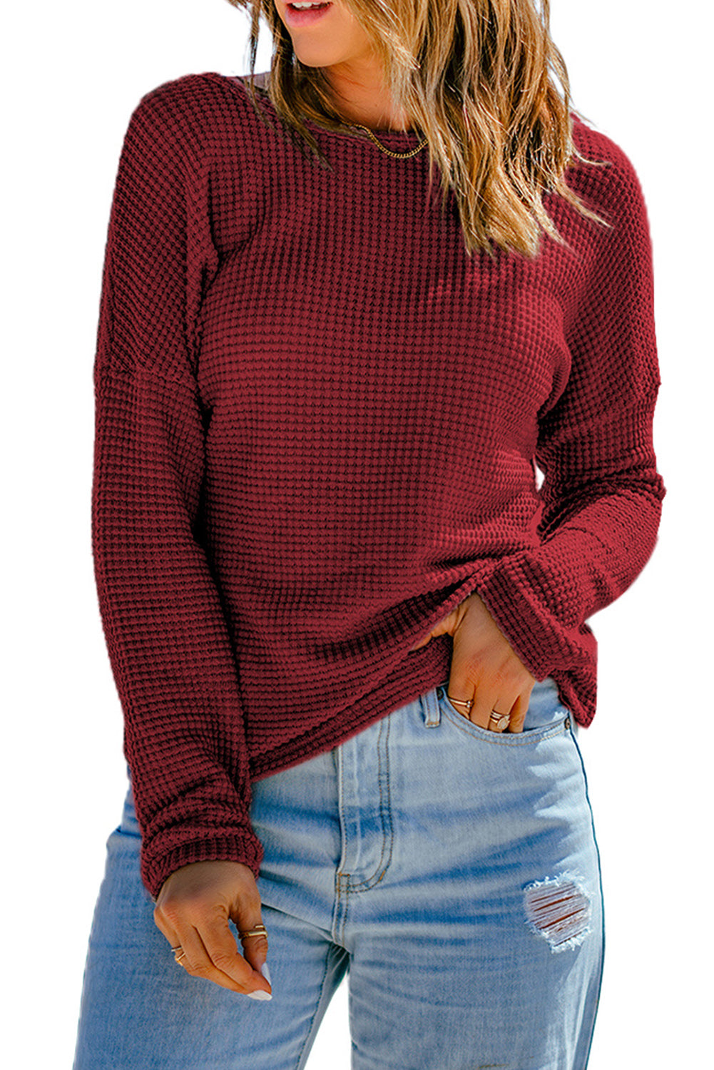 Fiery  Waffle Knit Drop Shoulder Long Sleeve Top | Red