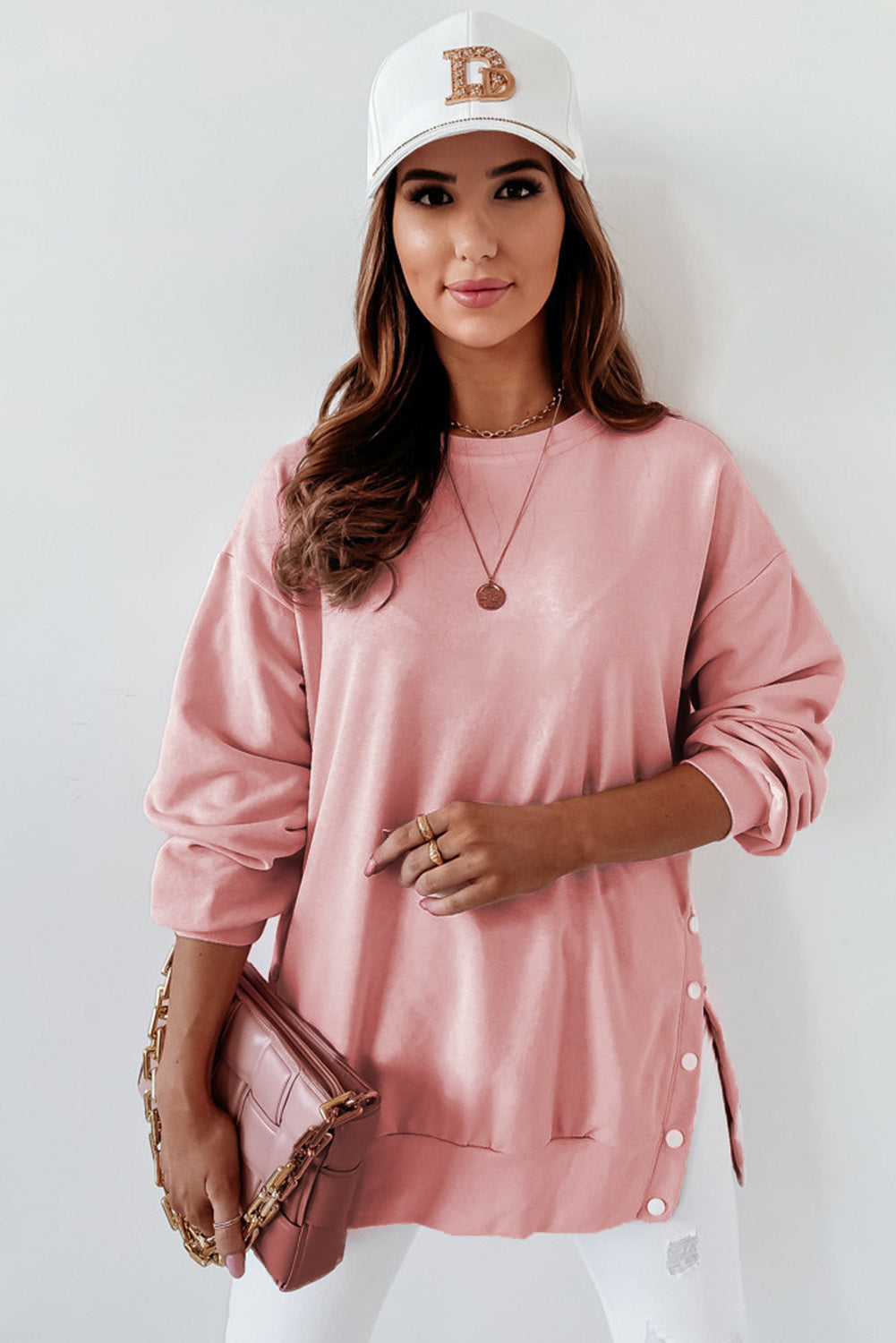 Crew Neck Slit Buttons Sweatshirt | Pink