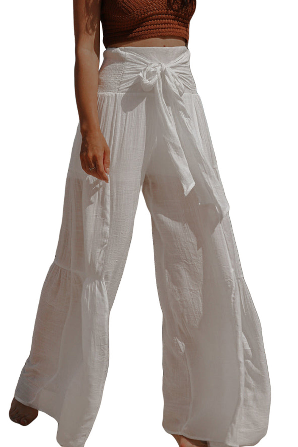 Smocked High Waist Bohemian Wide Leg Pants | White