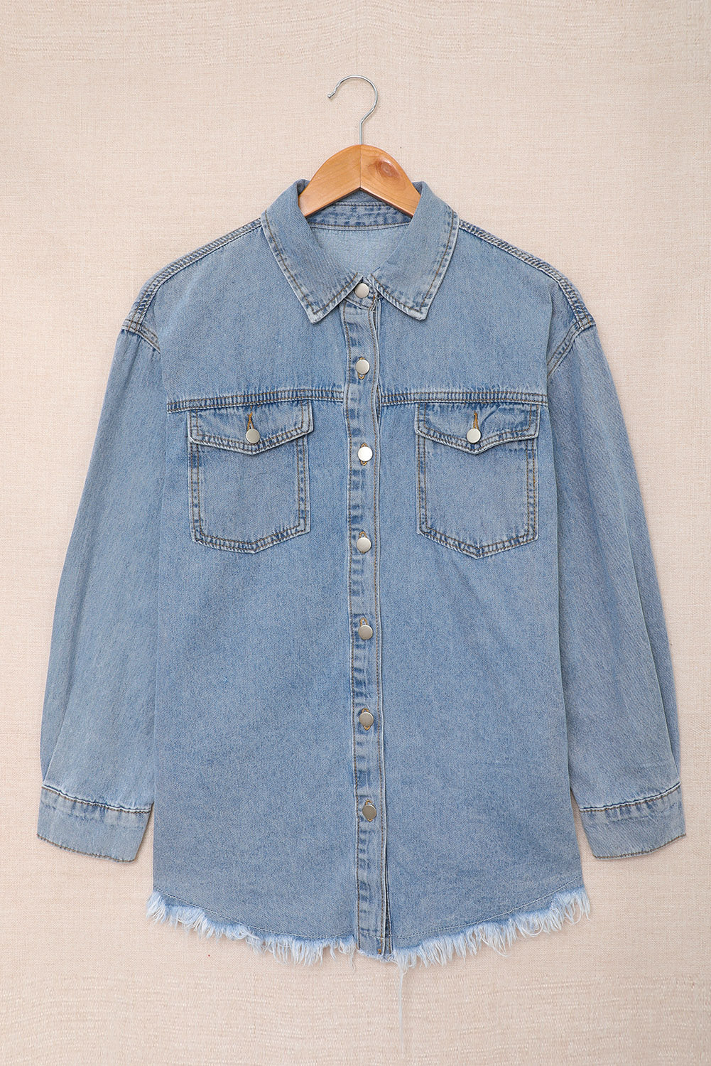 Pocket Raw Hem Buttoned Denim Jacket | Sky Blue