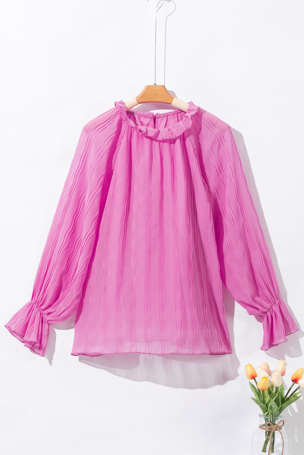 Striking Pleated Flared Cuff Long Sleeve Blouse | Pink