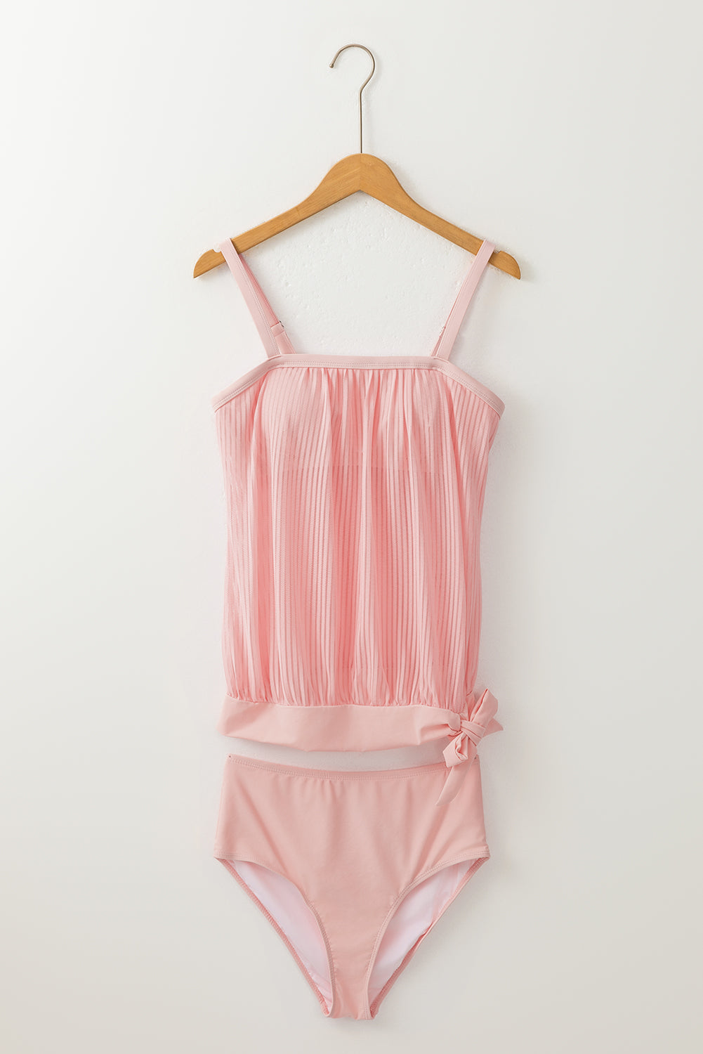 Striped Mesh Knotted Hem Tankini Swimsuit | Pink