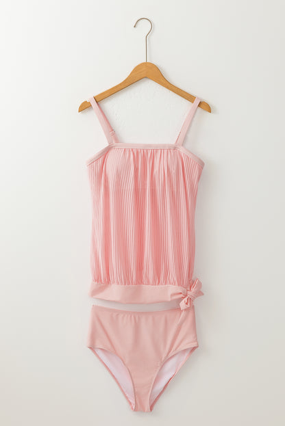 Striped Mesh Knotted Hem Tankini Swimsuit | Pink