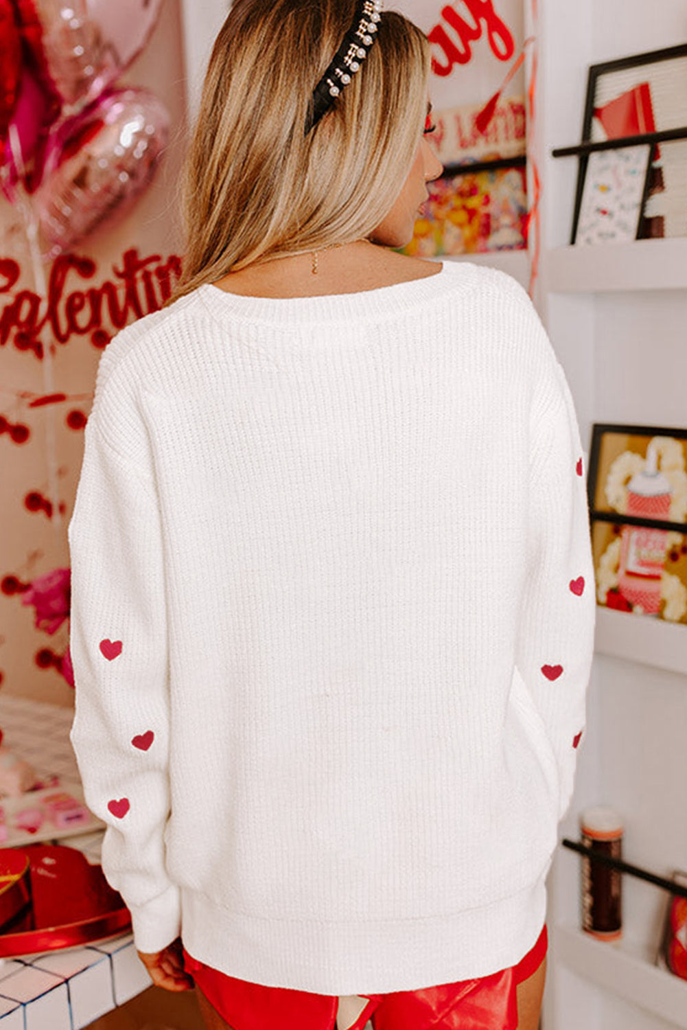 Heart Shape Drop Shoulder Round Neck Sweater | White