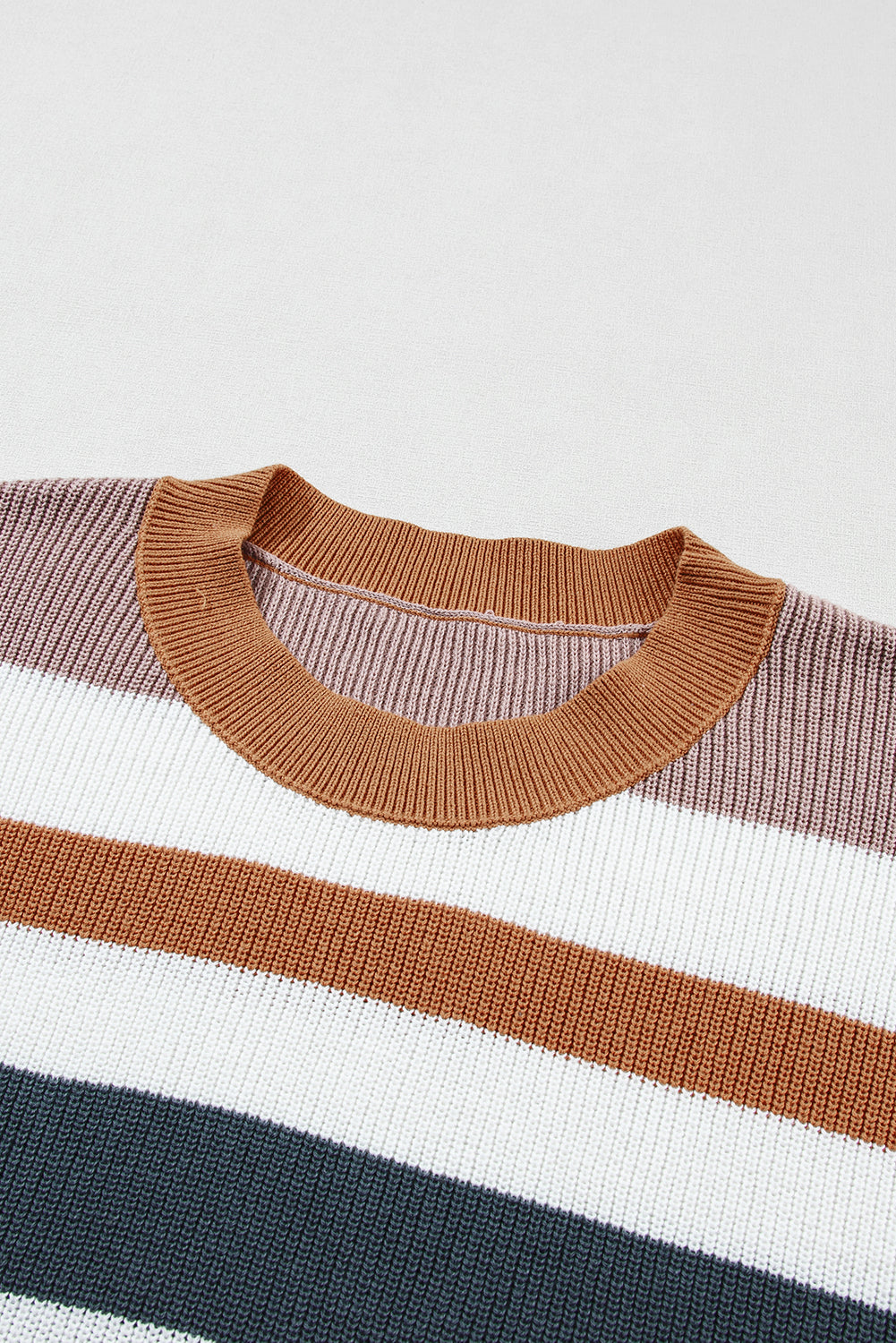 Striped Knit Crew Neck T Shirt Sweater | Camel