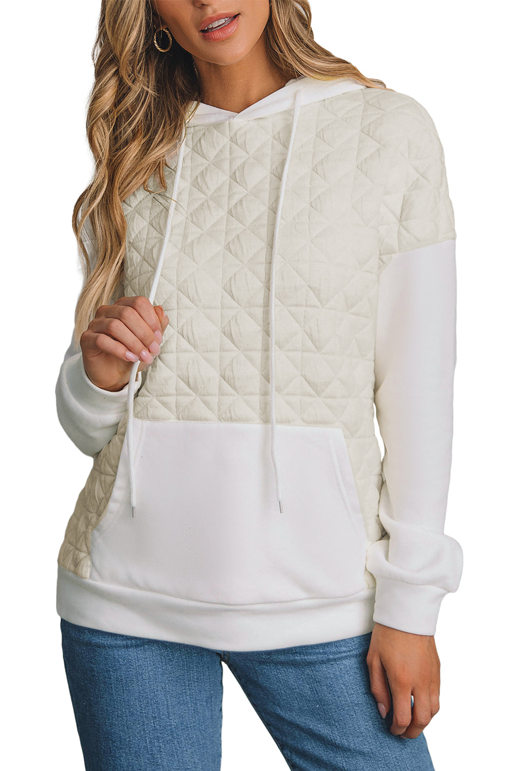 Drop Shoulder Quilted Patchwork Kangaroo Pocket Hoodie | Beige