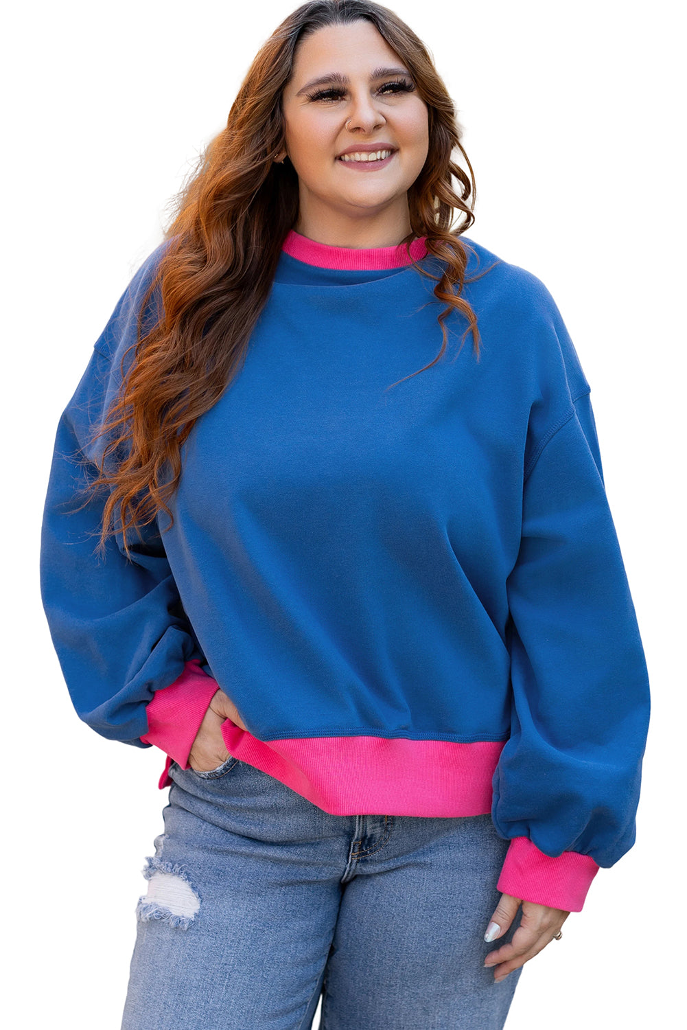 Colour Block Edge Balloon Sleeve Plus Size Sweatshirt | Sky Blue