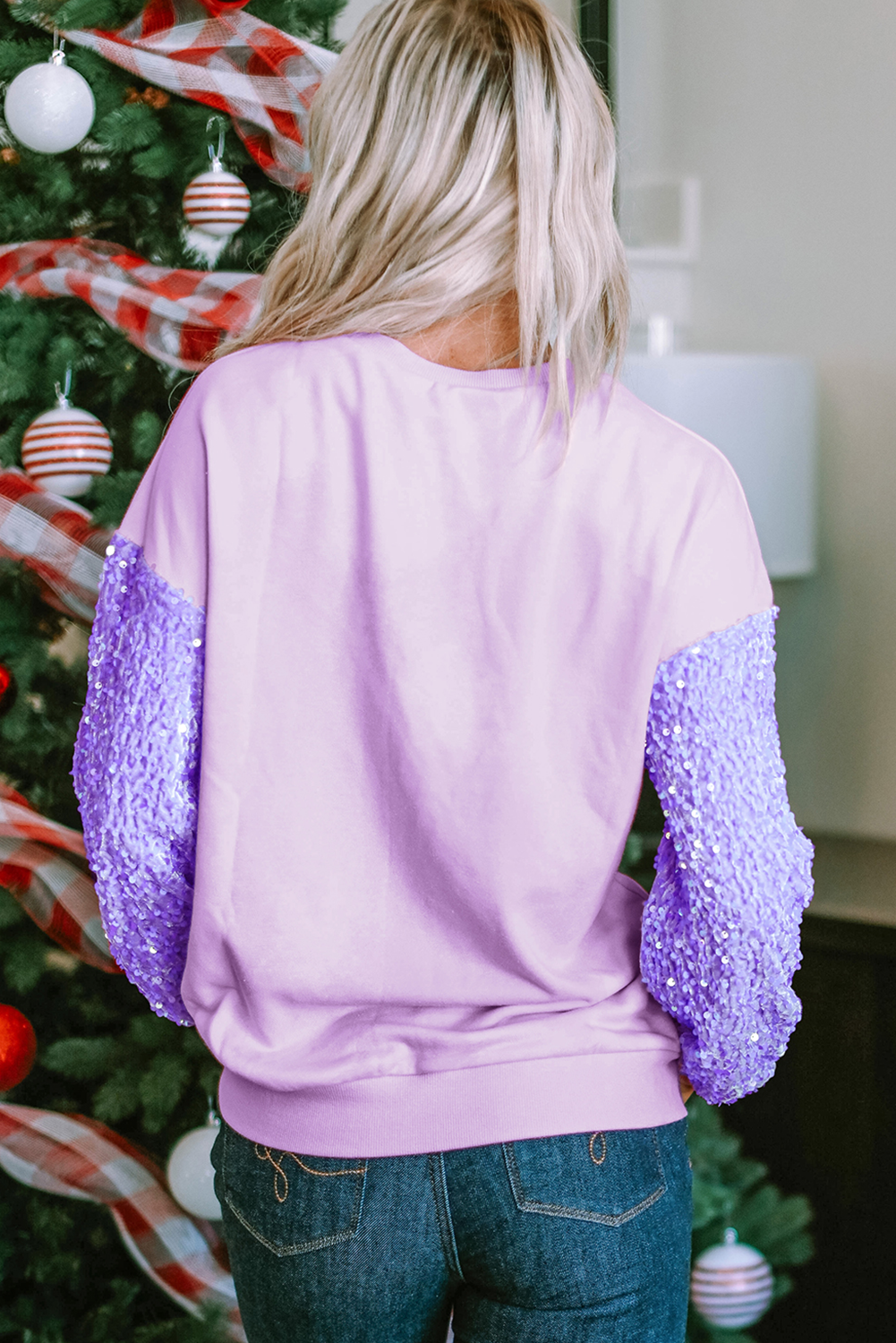 Mardi Gras Graphic Sequin Patchwork Long Sleeve Top | Orchid Petal