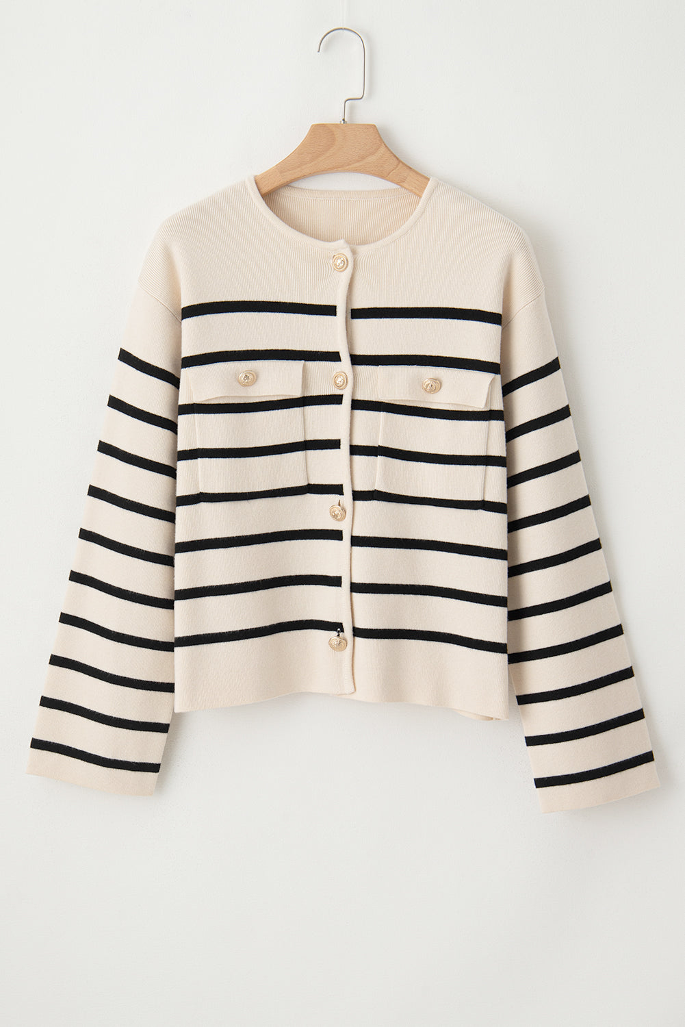 Flap Pocket Buttoned Cardigan Sweater | Black Stripe