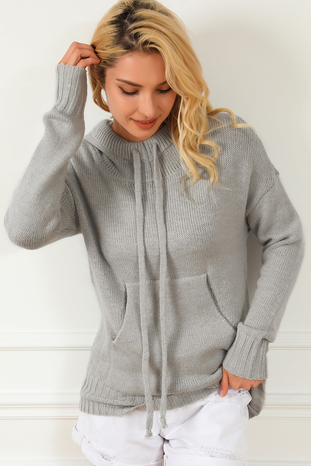 Cowl Neck Drawstring Pullover Hooded Sweater | Gray