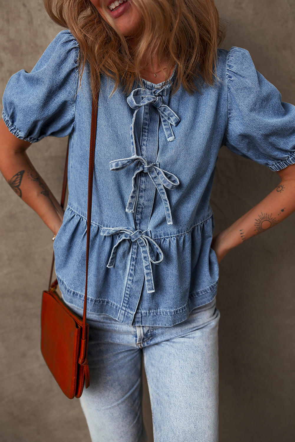 Tied Front Bubble Sleeve Peplum Denim Shirt | Dusk Blue