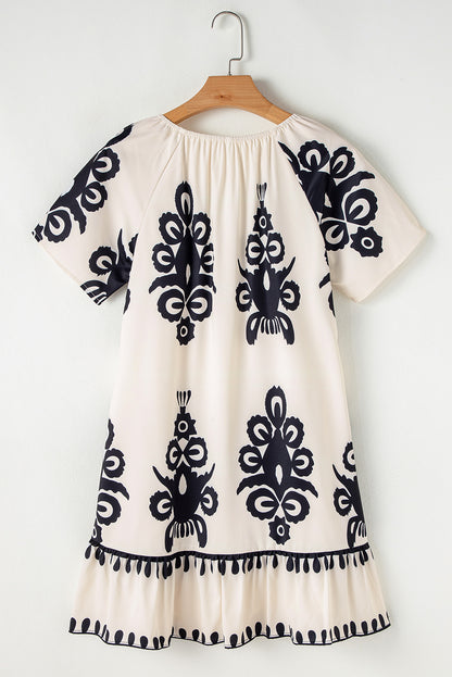 Western Print Ruffled Short Sleeve Loose Dress | Apricot