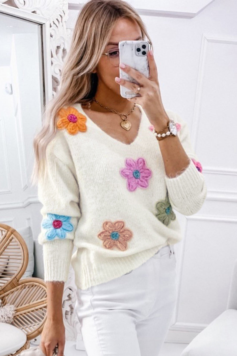 Crochet Flower V Neck Sweater | White