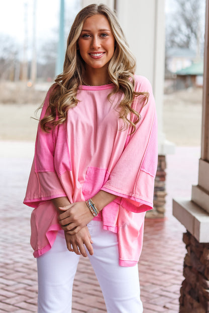 Colour Block Patchwork 3/4 Sleeve Loose Top | Pink