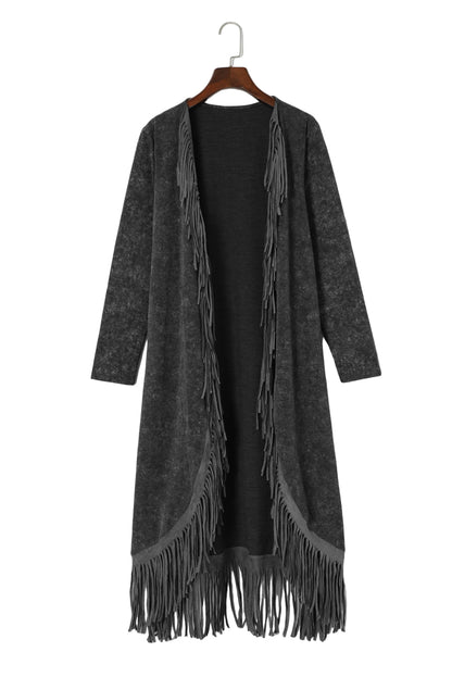 Fringed Hem Pocketed Open Cardigan | Black