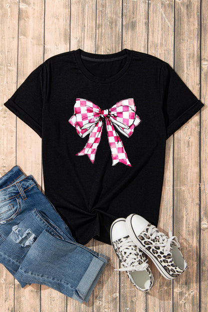 Checkerboard Bowknot Graphic Crewneck T Shirt | Black