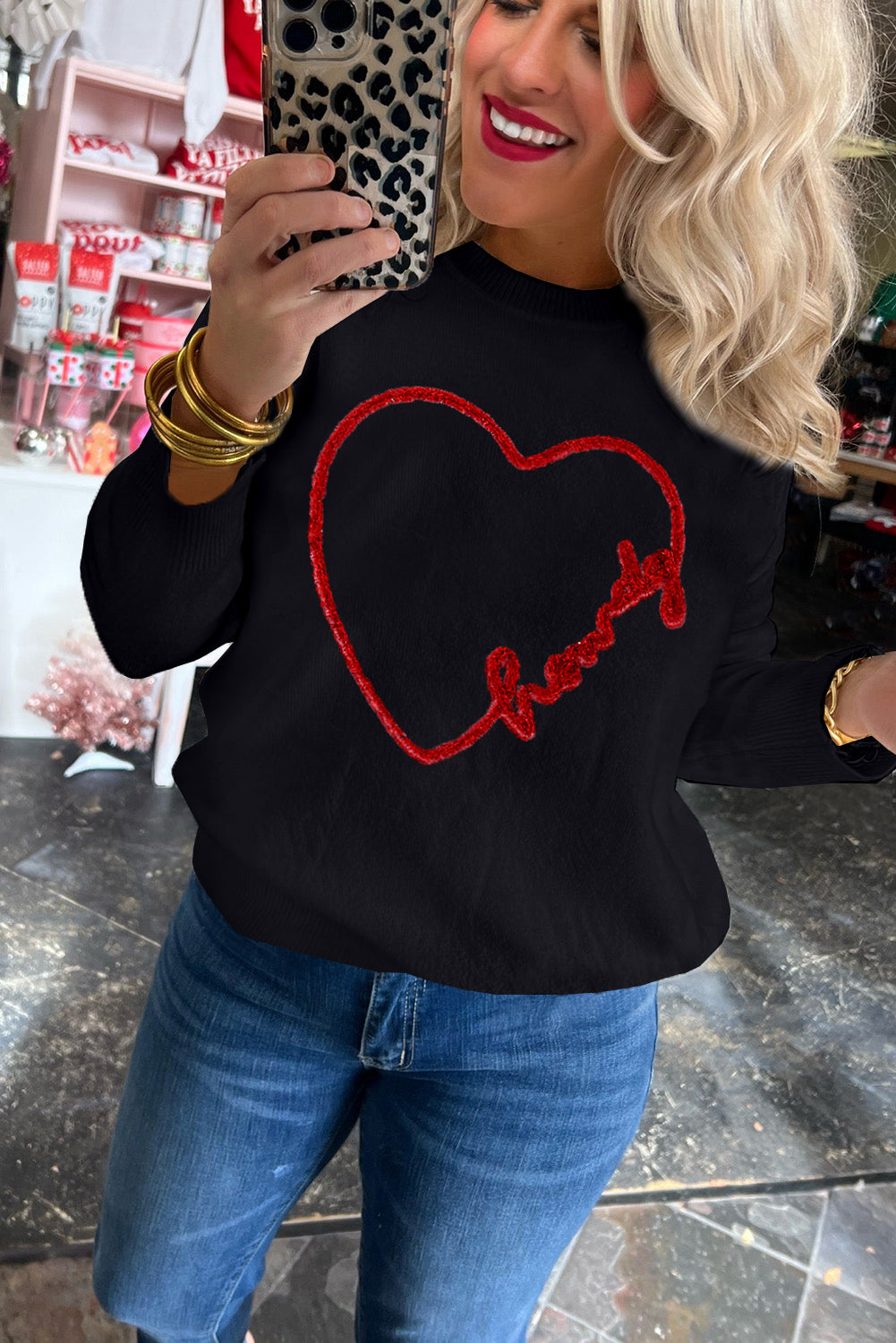 Howdy Heart Graphic Round Neck Casual Sweater | Black