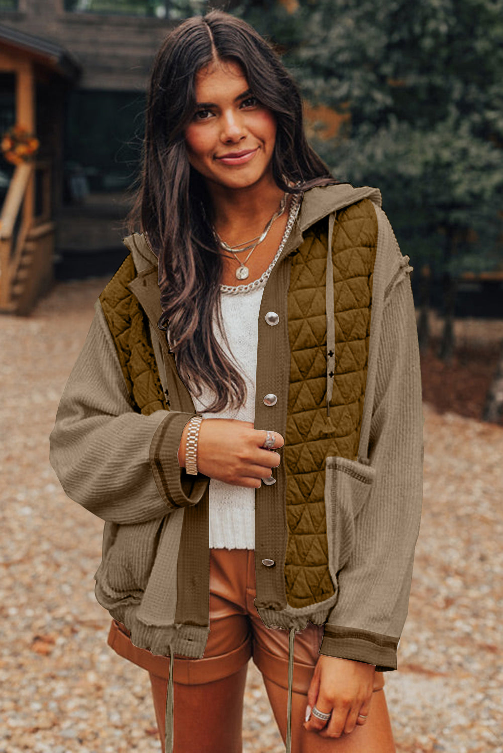 Quilted Textured Patchwork Loose Fit Hooded Jacket | Jungle Green