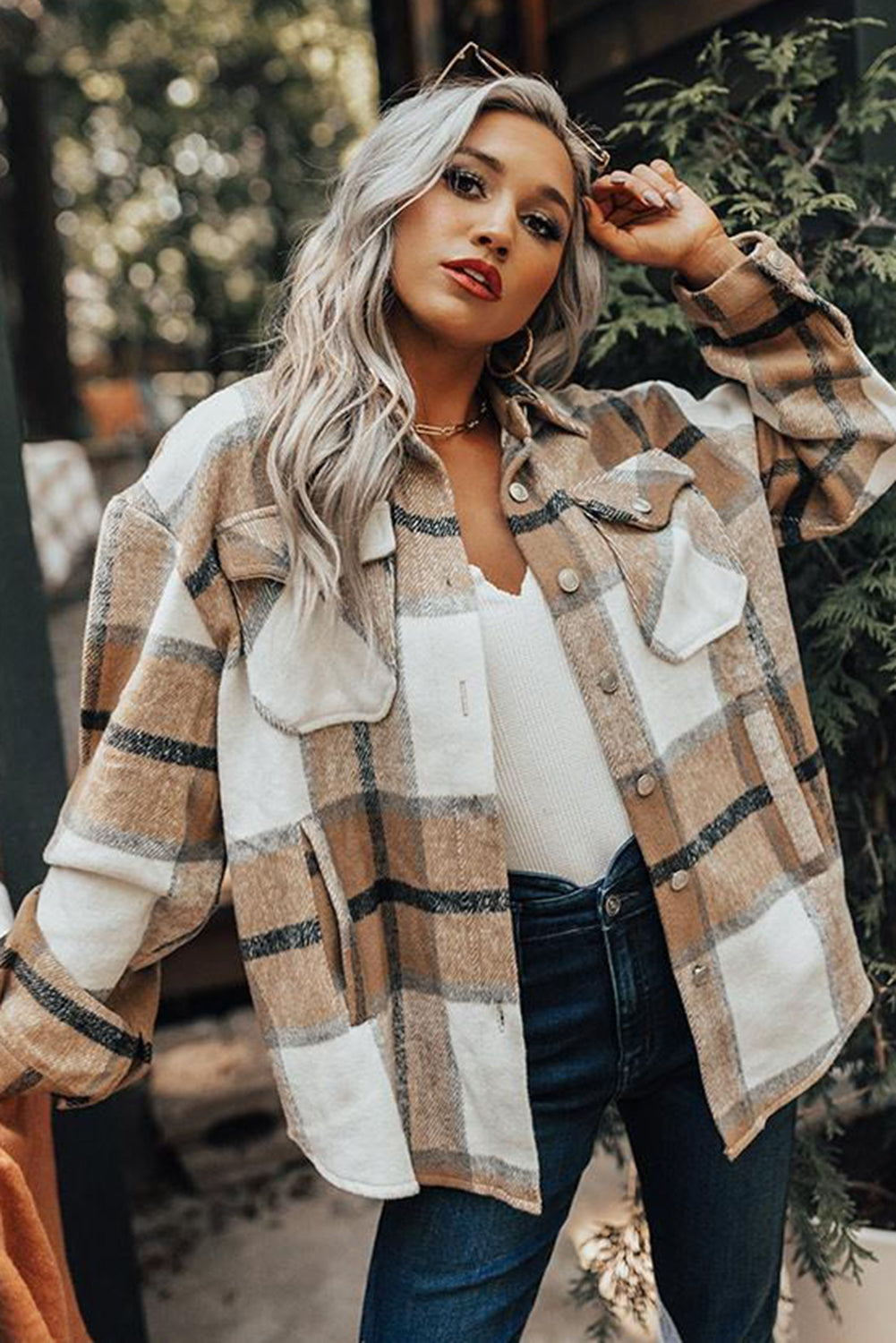 Button-Up Pocket Long Sleeve Plaid Shacket | Khaki