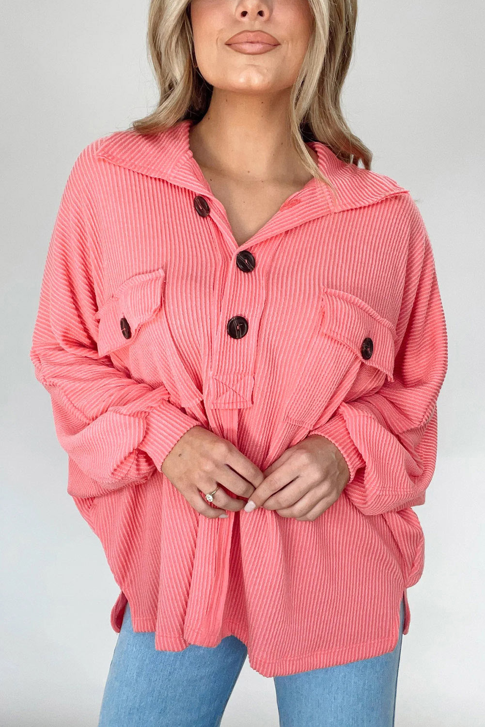 Corded Flap Pocket Henley Top | Pink