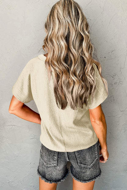 Crinkled V Neck Wide Sleeve T-Shirt | Apricot