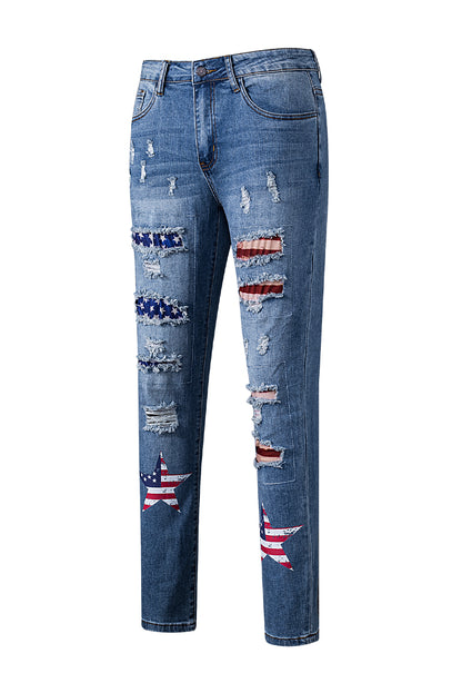 American Flag Patched Distressed Jeans | Sky Blue