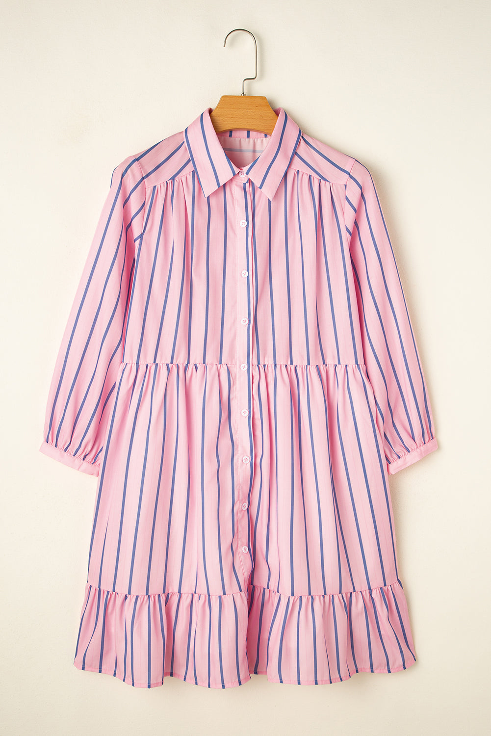 Ruffled Hem Button-Up Collared Shirt Mini Dress | Pink Stripe