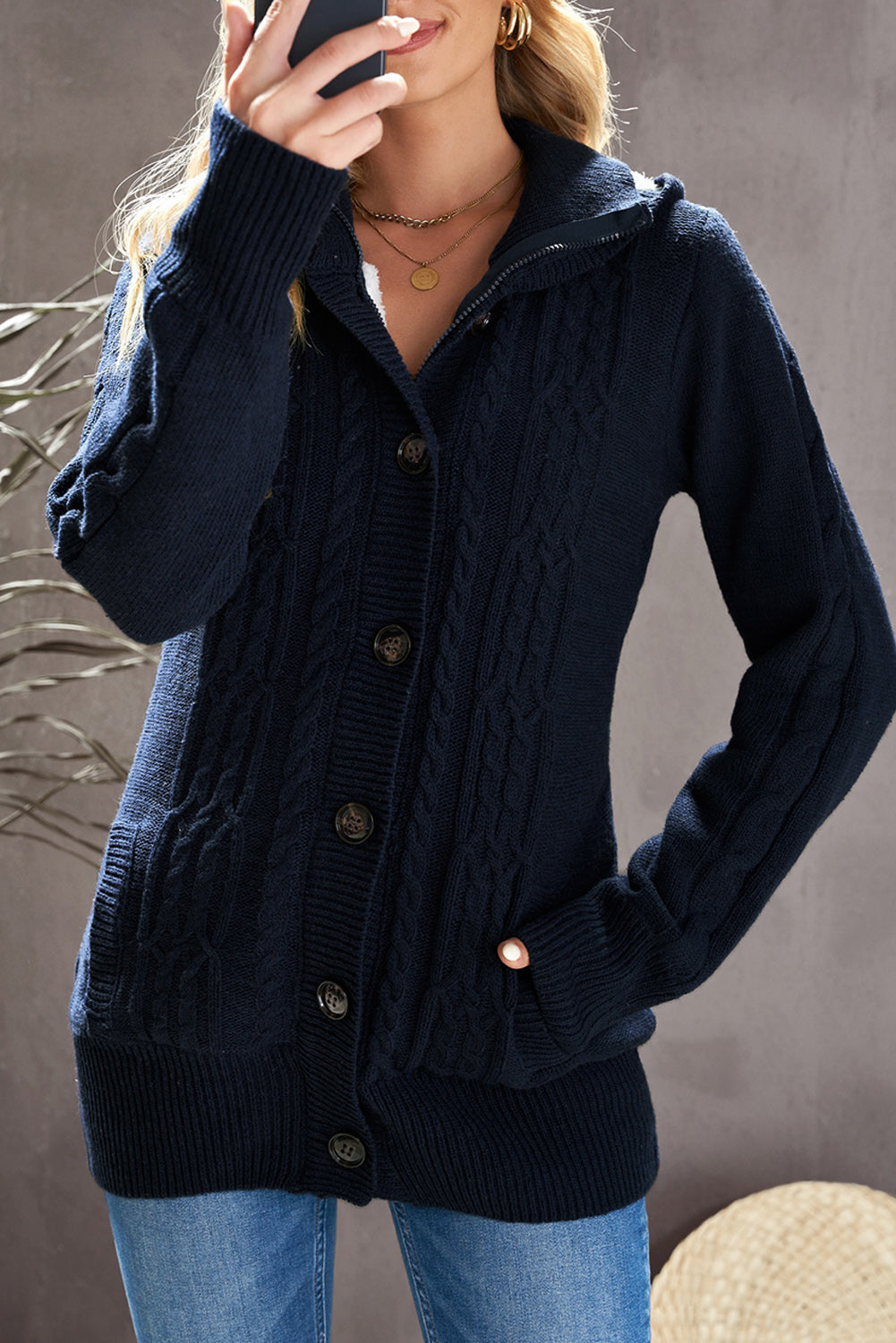 Long Sleeve Button-Up Hooded Cardigans | Navy Blue