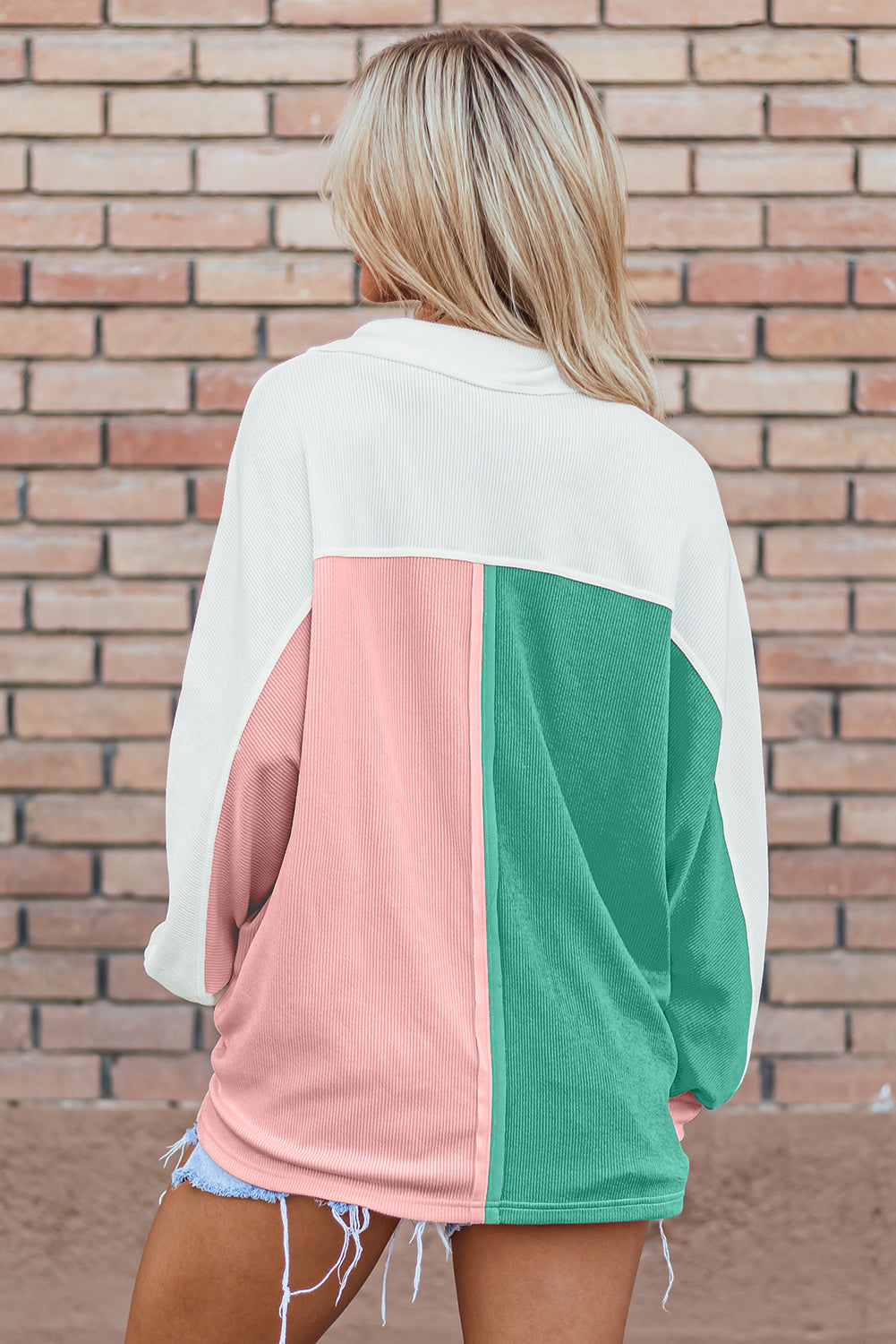 Colourblock Ribbed Collared Oversized Sweatshirt | Pink