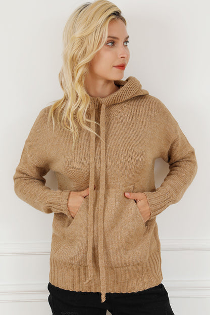 Cowl Neck Drawstring Pullover Hooded Sweater | Brown