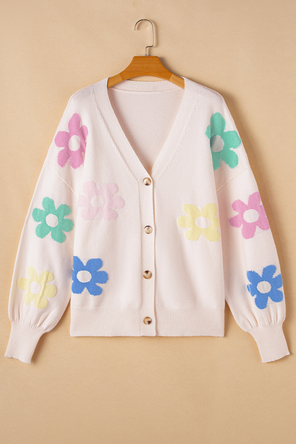 Floral Pattern V Neck Buttoned Plus Size Cardigan | Beige