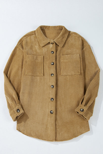 Patched Pocket Button Up Corduroy Shacket | Light French Beige