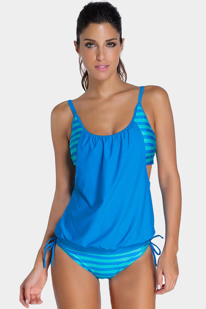 Layered-Style Striped Tankini With Triangular Briefs | Blue