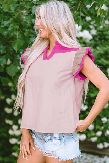 Colourblock Ruffled Sleeve Frill V Neck Blouse | Pink