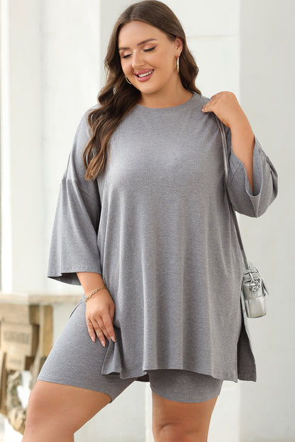 Solid Colour Loose Tunic Top And Slim Shorts Set | Light Grey