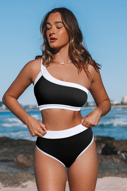 One Shoulder Patchwork High-Waisted Bikini Set | Black