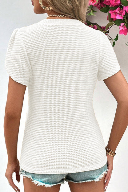 V Neck Petal Sleeve Waffle Knit T-Shirt | White