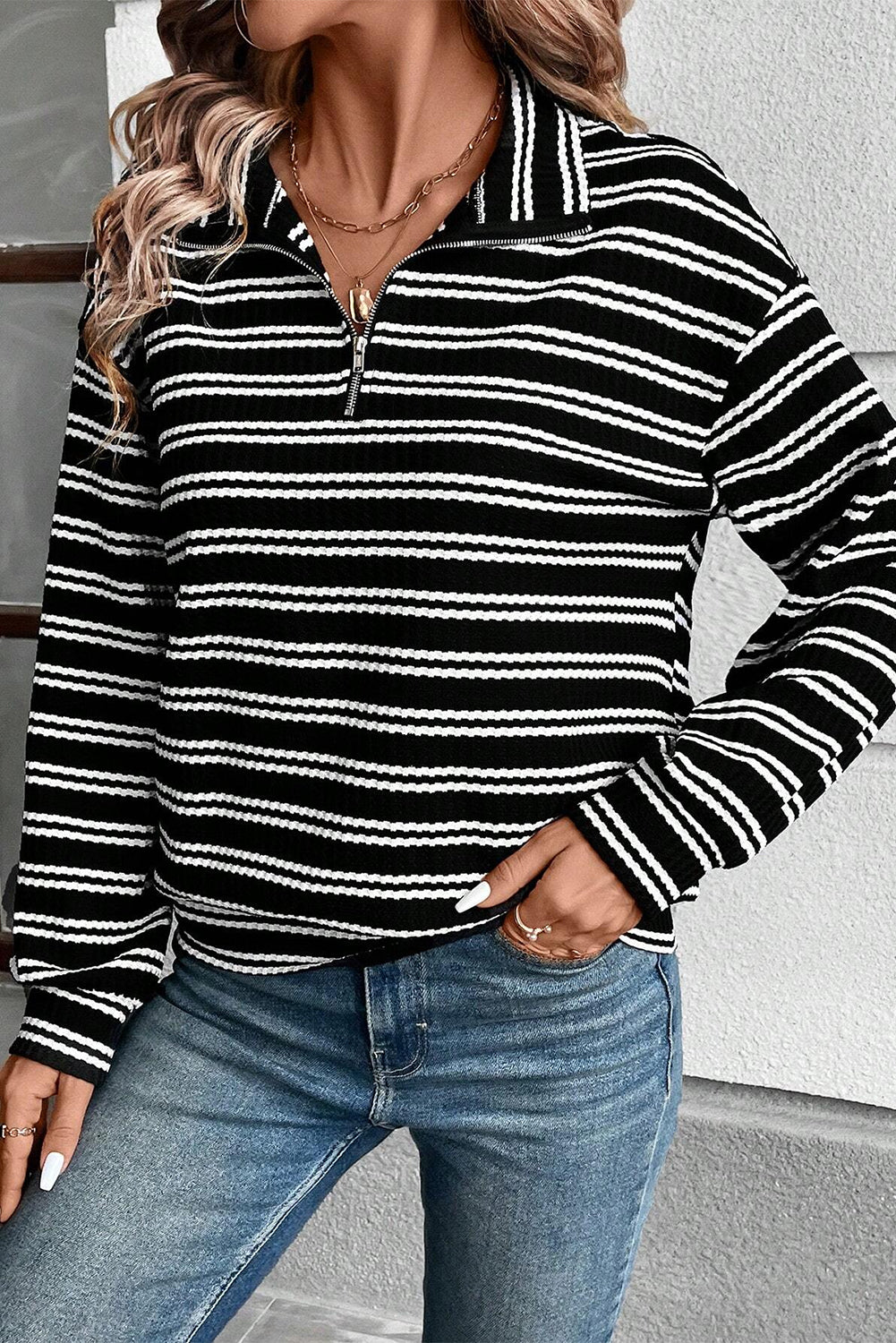 Black Stripe Textured Quarter Zip Collar Long Sleeve Top