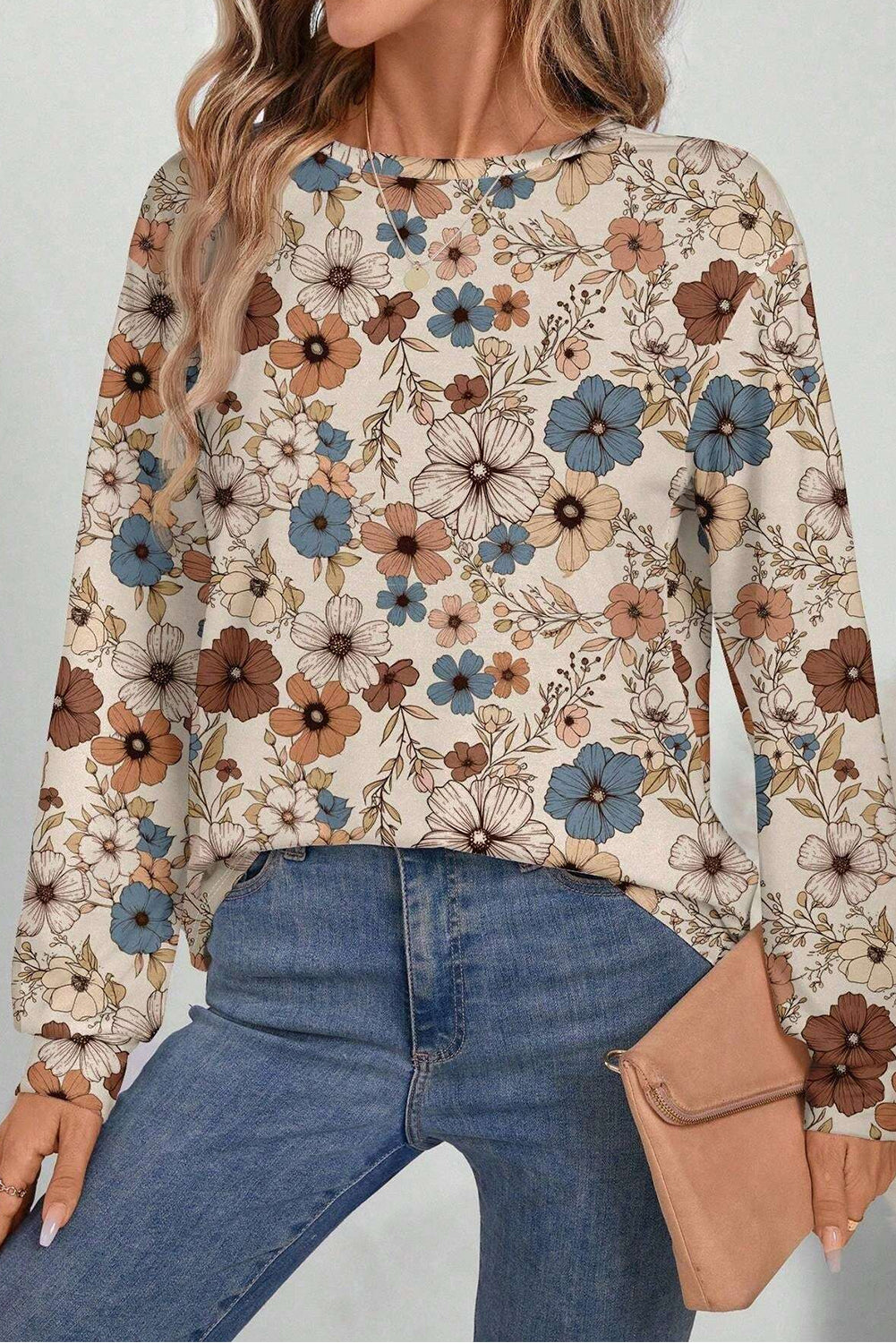 Floral Print Loose Crew Neck Long Sleeve T Shirt | Khaki