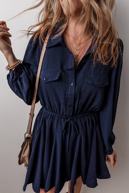 Solid Chest Pockets Tunic Shirt Mini Dress | Navy Blue