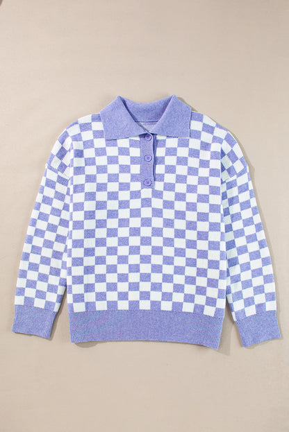 Checkered Collared Buttons Plus Size Sweater | Purple