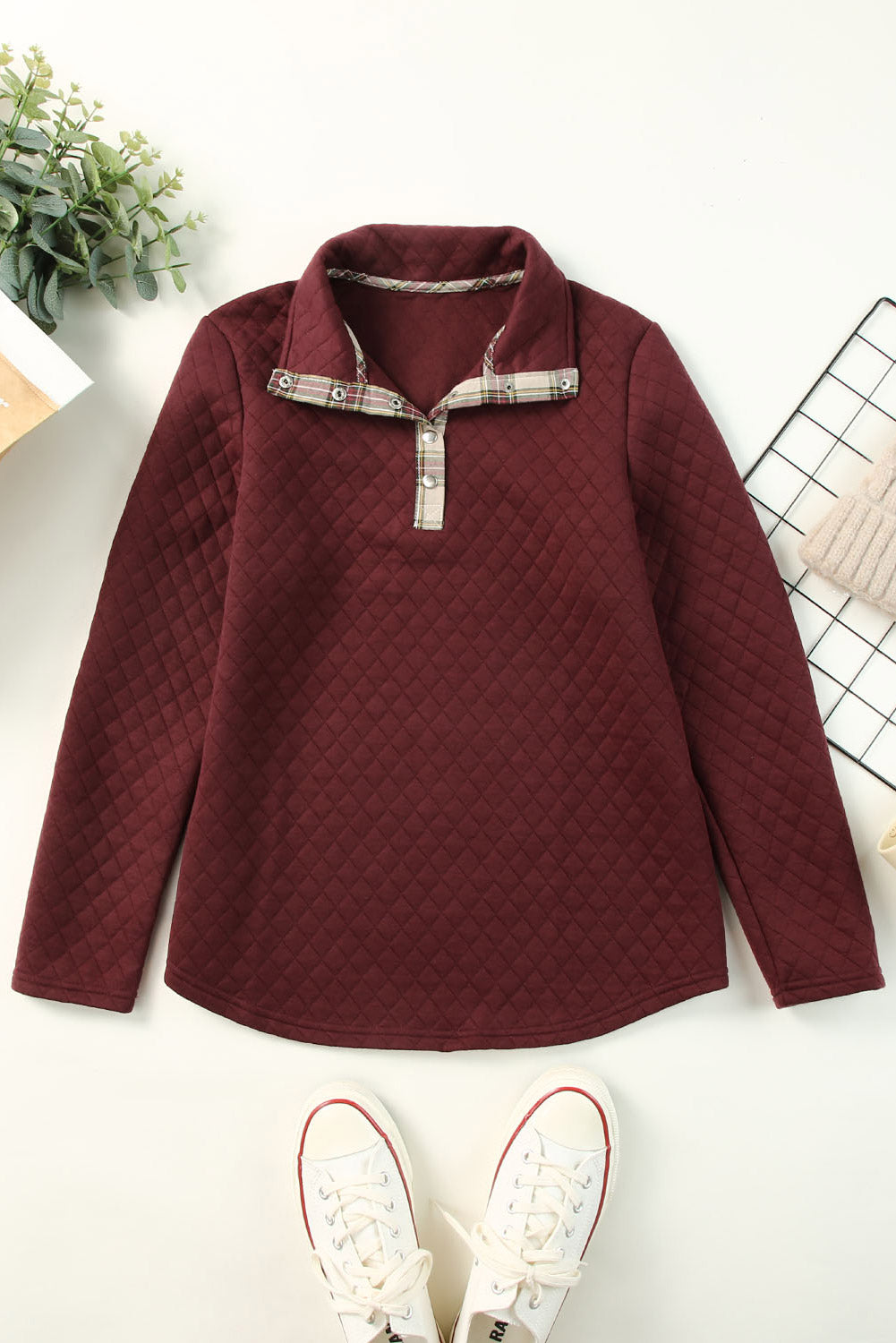 Fiery  Geometric Texture Plaid Trim Sweatshirt | Red