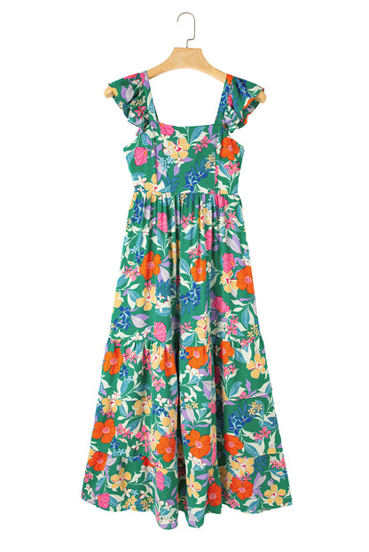 Floral Print Sleeveless Ruffle Tiered Maxi Dress | Green