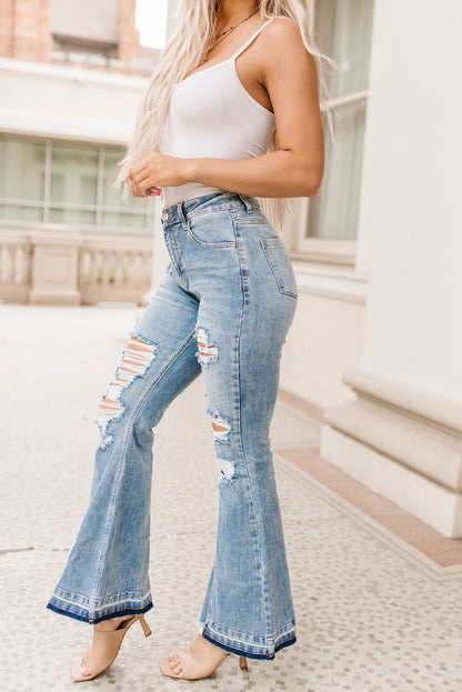 Light Wash Distressed High Rise Flare Jeans | Sky Blue