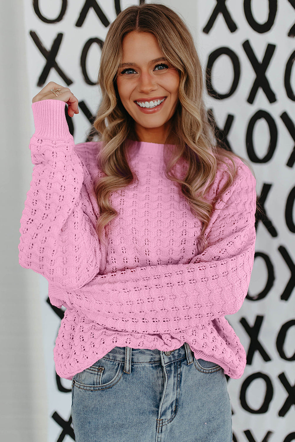 Crochet Knit Drop Shoulder Sweater | Pink