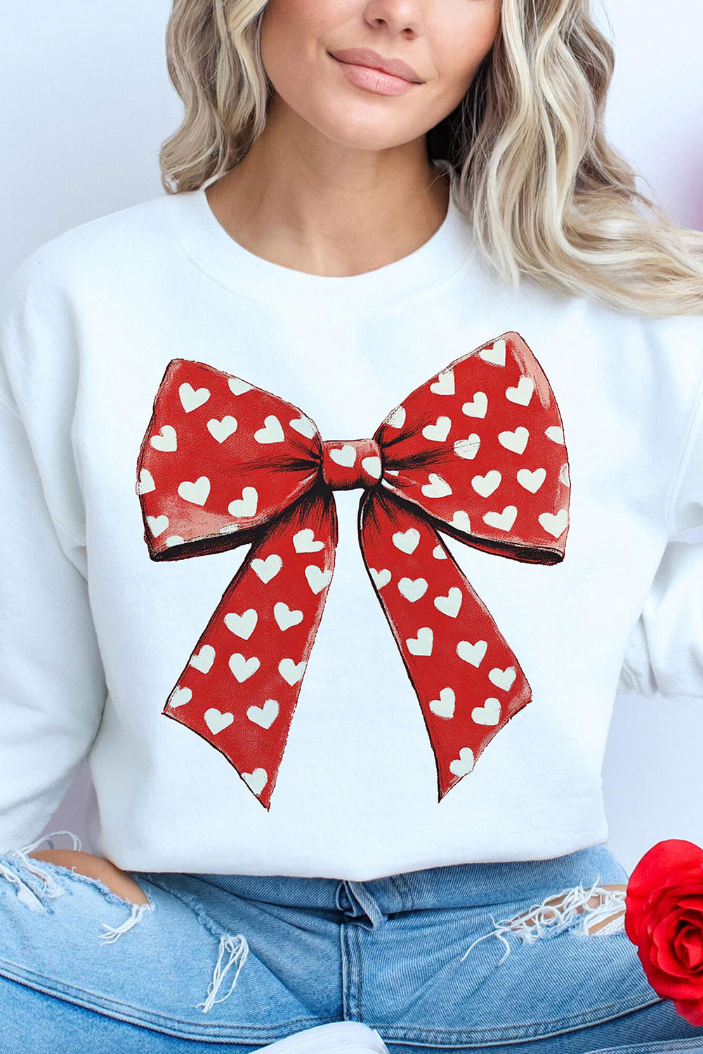 Heart Bow Printed Round Neck Valentines Pullover Sweatshirt | White