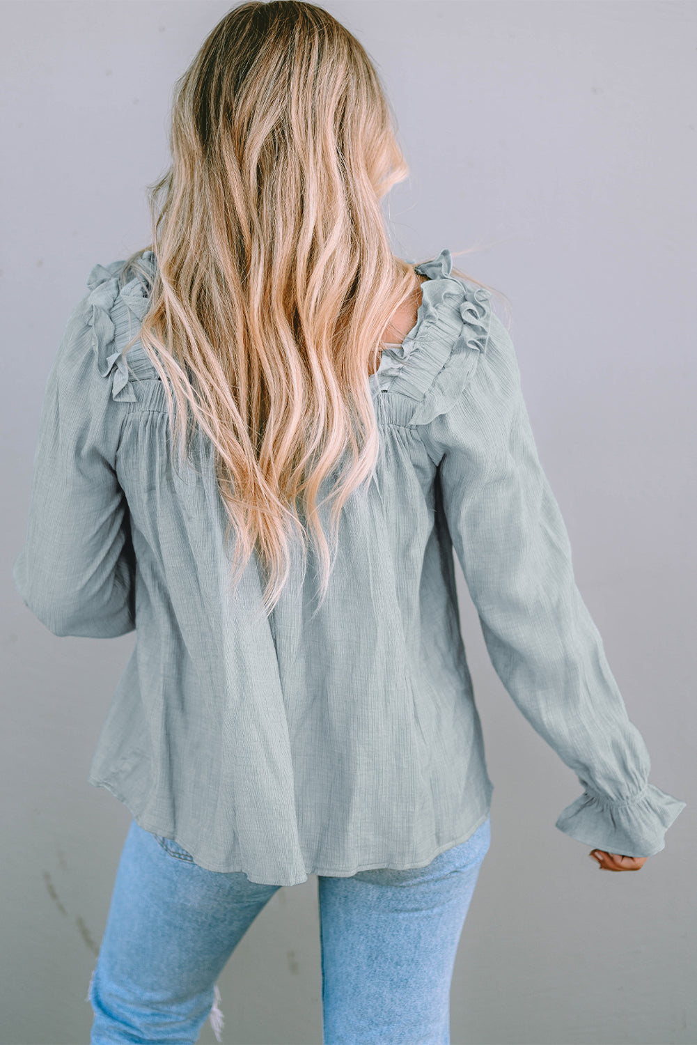 Ruffled Square Neck Cuffs Long Sleeve Blouse | Green