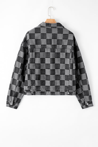 Checkered Patchwork Button Up Denim Jacket | Black