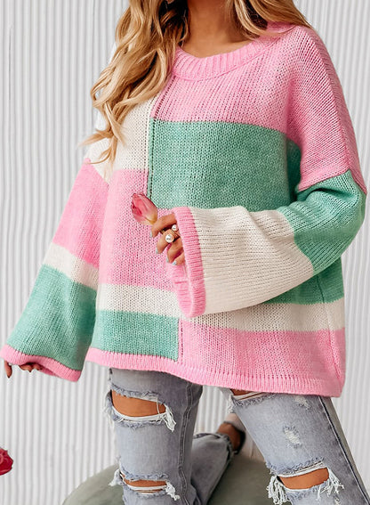 Colourblock Drop Shoulder Bell Sleeve Sweater | Pink