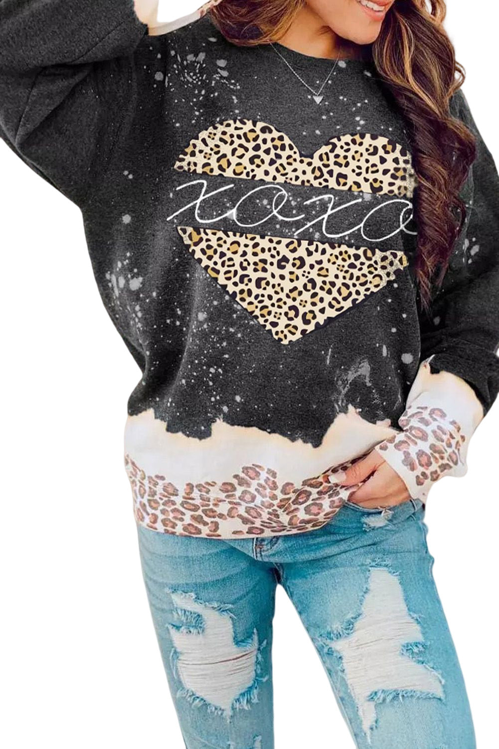 Xoxo Heart Leopard Splicing Pullover Sweatshirt | Black